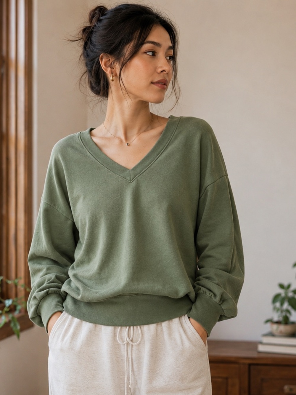 Madewell Olive Green V-Neck Balloon Sleeve Sweater
